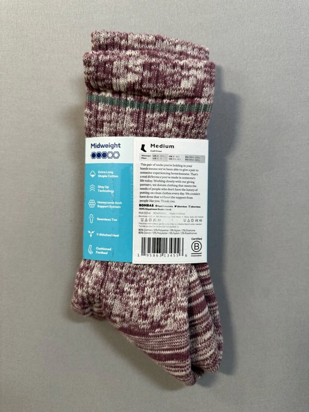 NWT Bombas Midweight Calf/Crew Socks - Medium Womens 8-10.5 / Mens 6-9